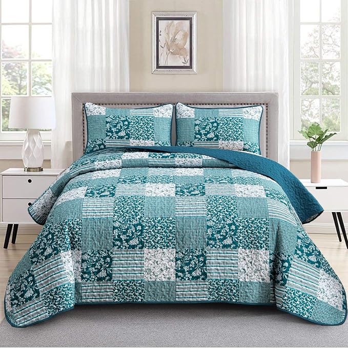 Mybedsoul Teal Blue Quilt Set Queen Size 3 Pieces Boho Plaid Turquoise Floral by Mybedsoul