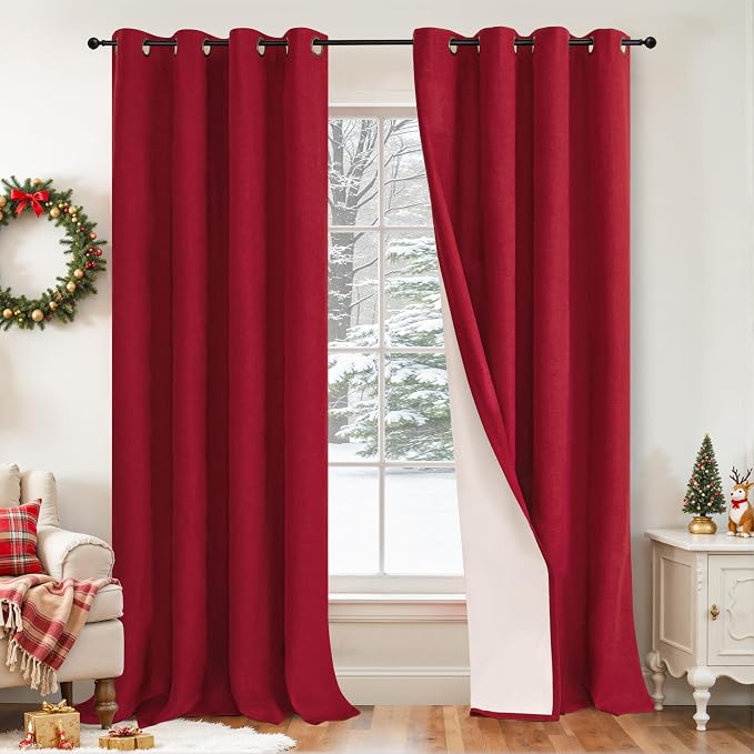 Red Linen Blackout Curtains for Living Room, 52x90 Inch 2 Panels | Faux Linen by Lajode
