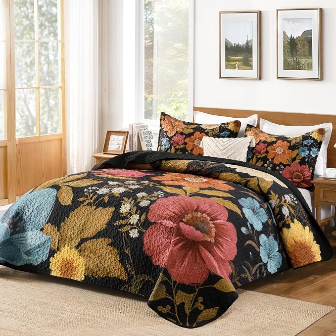 Quilt King Size, Colorful Floral Boho Summer Bedspread 3 Pieces | Golden Flower - Image 2