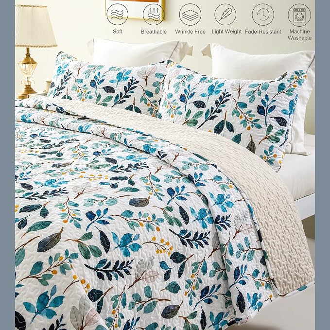 Whale Flotilla California King Size Quilt Set, Soft Floral Leaf Bedspreads | - Image 3