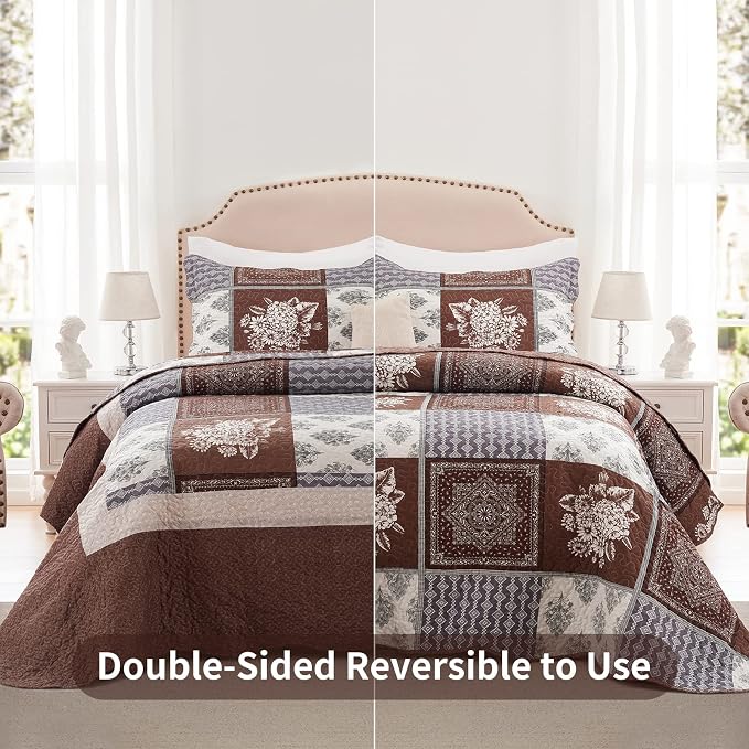 Full/Queen Size Quilt Set 3 Pieces Lightweight Reversible Bedspread-90''x98'' - Image 2
