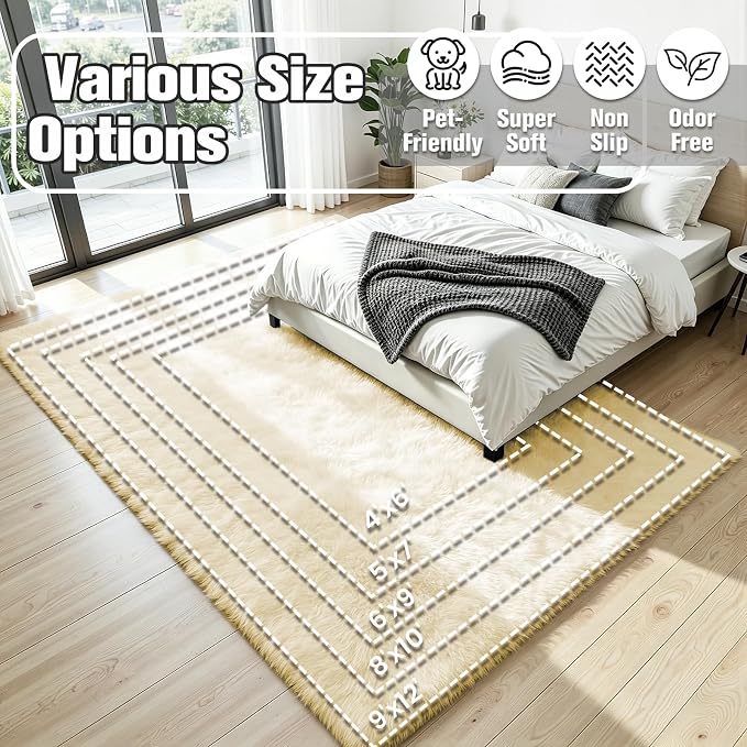 4x6 Fluffy Area Rug for Living Room: Non-Slip Cream White Bedroom Carpet | - Image 8