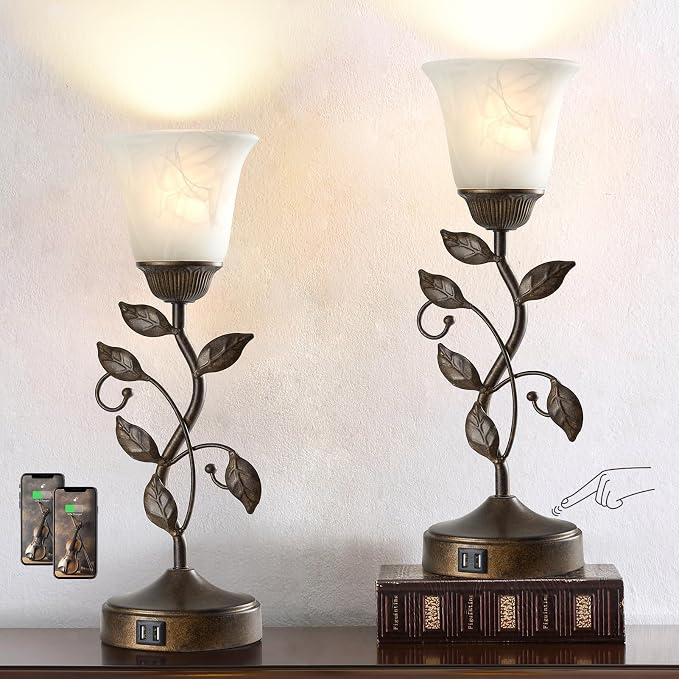 Set of 2 Touch Farmhouse Bedroom Table Lamps 2 USB C+A | Nightstand Vintage - Image 2