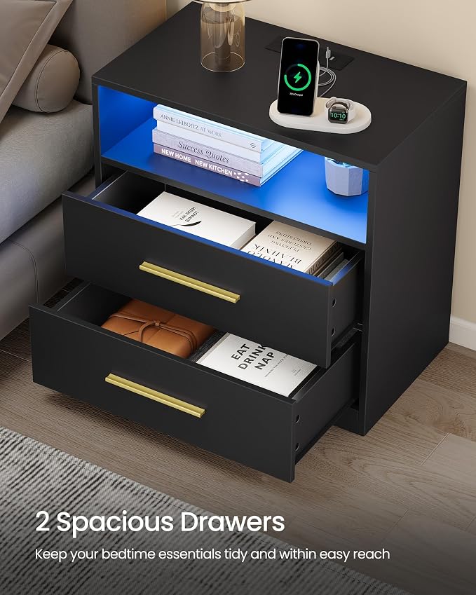 VASAGLE 23.6‑Inch Wide Nightstands, LED Lights, 2 Drawers | Modern Side End - Image 6