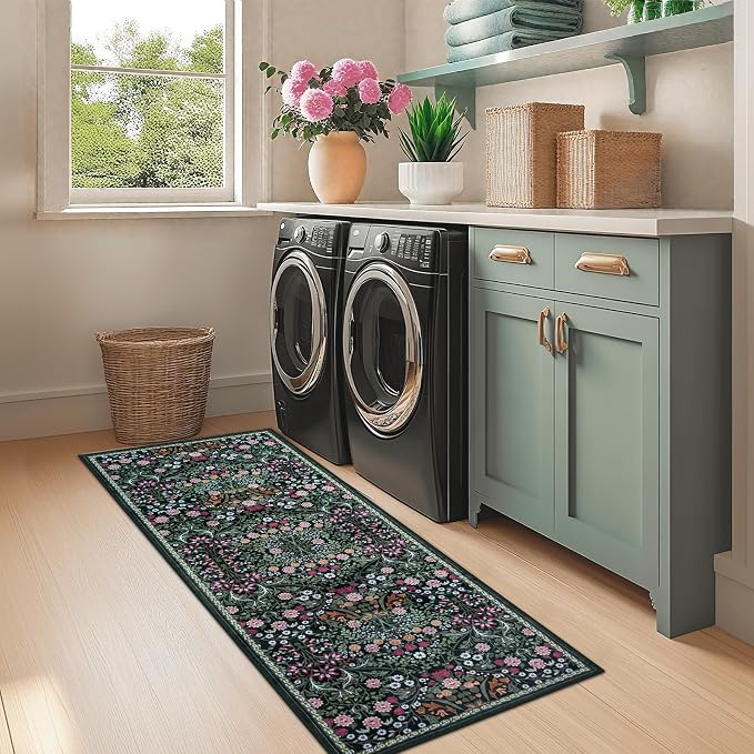 PLHXFR 2x5 Washable Runner Rug：Floral Indoor Kitchen Carpet Dark Green | - Image 4