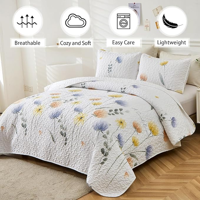Dinjoy Floral Quilt Set Queen Colorful Flower Bedspreads - Image 2