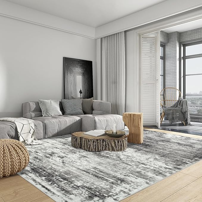 6x9 Area Rugs for Living Room: Washable Abstract Black Grey Badroom Carpet | - Image 3