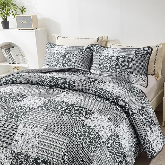 Mybedsoul Black Grey Boho Quilt Set Full Size, 3 Pieces Plaid Floral Bedspread - Image 2