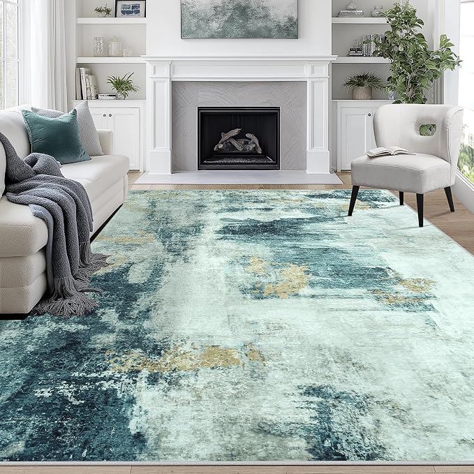 8x10 Area Rugs for Living Room Washable Bedroom Dining Room Teal Grey Gold | by Aelenmu