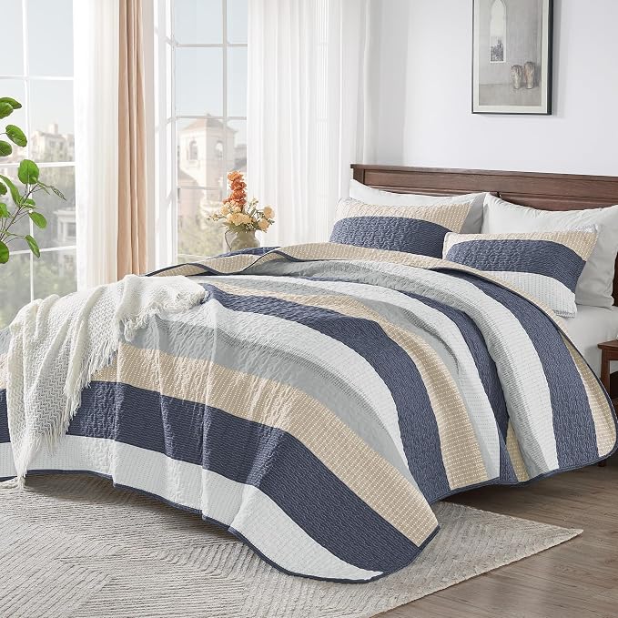 Queen Quilt Set Yellow Blue, 3 Pieces Striped Bedspread | Ultra Soft Summer - Image 2