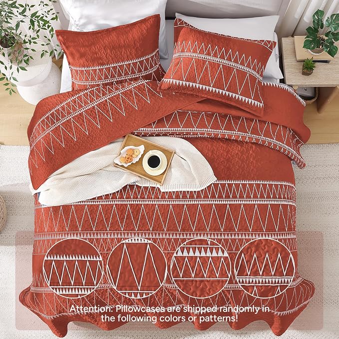 Burnt Orange King Size Quilt Set, 3 Pieces Boho Striped Bedspread | Soft - Image 3