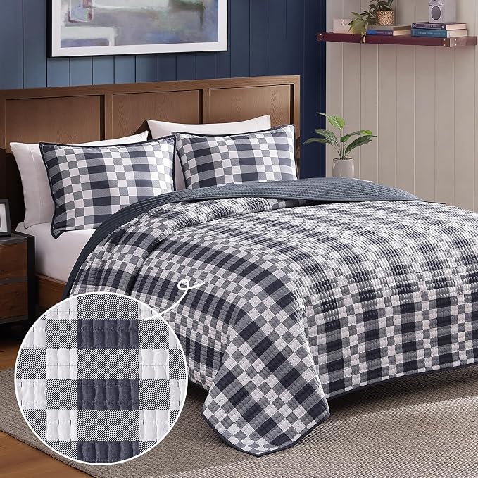King Quilt-Lightweight Bedspread Plaid Quilt King Size Quilt Bedding Set | Navy - Image 2