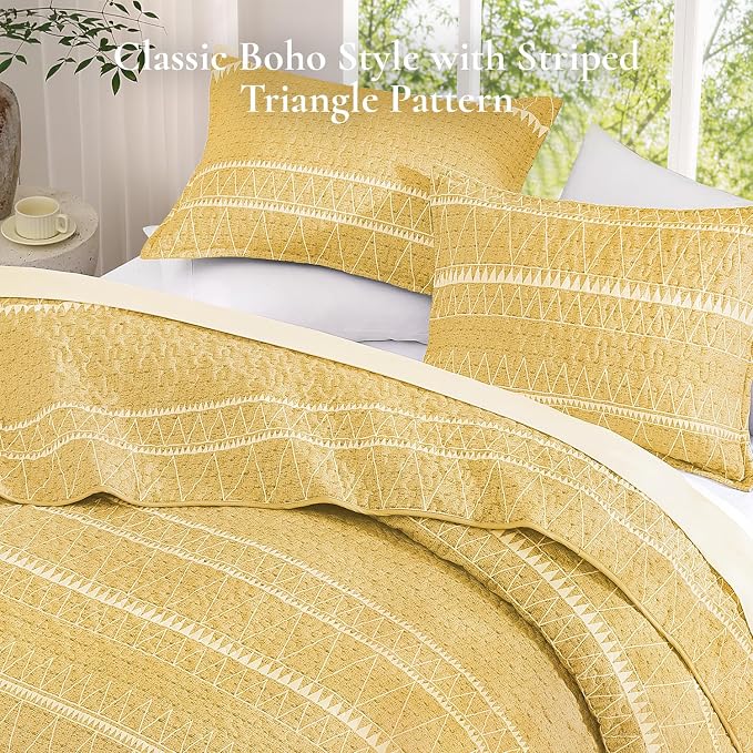 Yellow King Size Quilt Set, 3 Pieces Boho Striped Bedspread | Soft Lightweight - Image 4