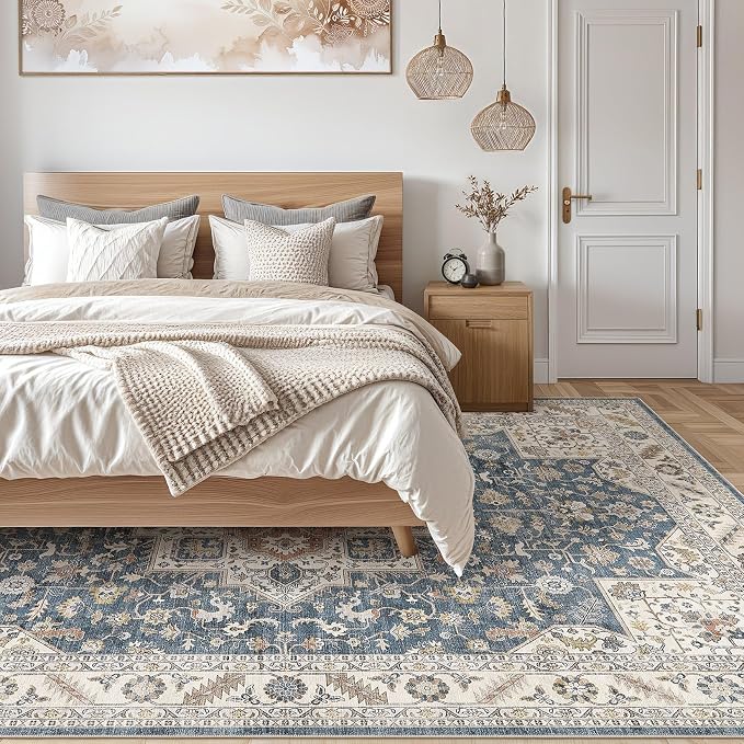 cotiled 7x9 Area Rug for Living Room, Traditional, Vintage Blue | Soft - Image 7