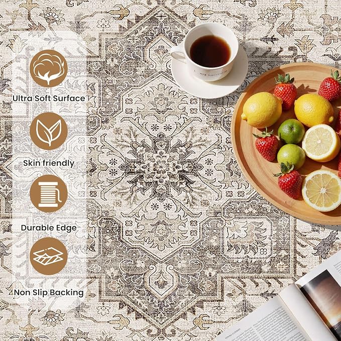 cotiled 2x3 Area Rug for Living Room, Traditional, Light Brown | Washable Soft - Image 6