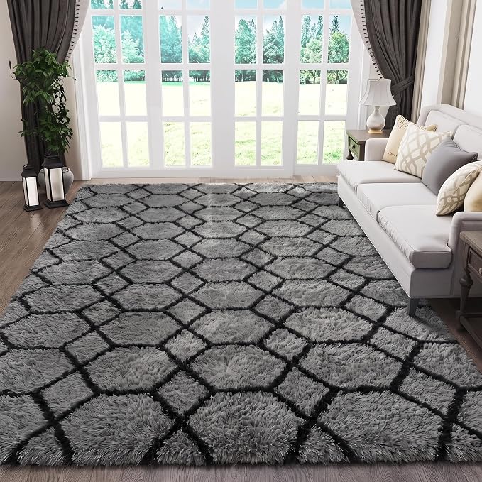 6x9 Area Rugs for Living Room Bedroom, Large Fluffy Grey and Black Throw Shag by ONASAR