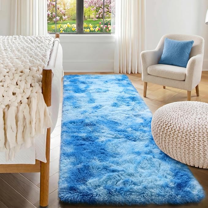 Runner Rugs for Bedroom Living Room, Fluffy Tie-Dyed Blue 2x6 Bedside Hallway - Image 3
