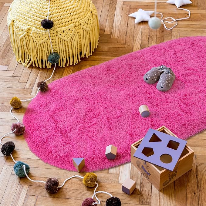 Goideal Fluffy Bedroom Rug, Small Oval Area Rugs, Hot Pink Shag Bedside Carpet - Image 5