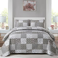 Mybedsoul Grey Boho Quilt Set King Size, 3 Pieces Plaid Floral Bedspread by Mybedsoul