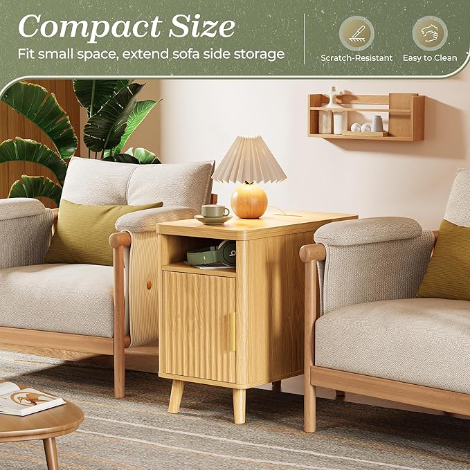 Huuger Narrow End Table with Charging Station, USB-C Port | Fluted Nightstand - Image 3