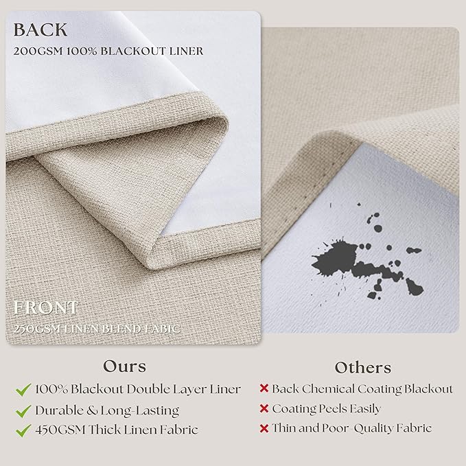 60 Inch Wide Pinch Pleated 100% Blackout Curtains 84 Inches Long, Natural | - Image 3
