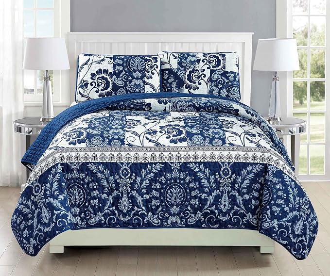 Mk Collection 3pc Full/Queen Bedspread Coverlet Set Quilted Floral White Navy by MK+Home