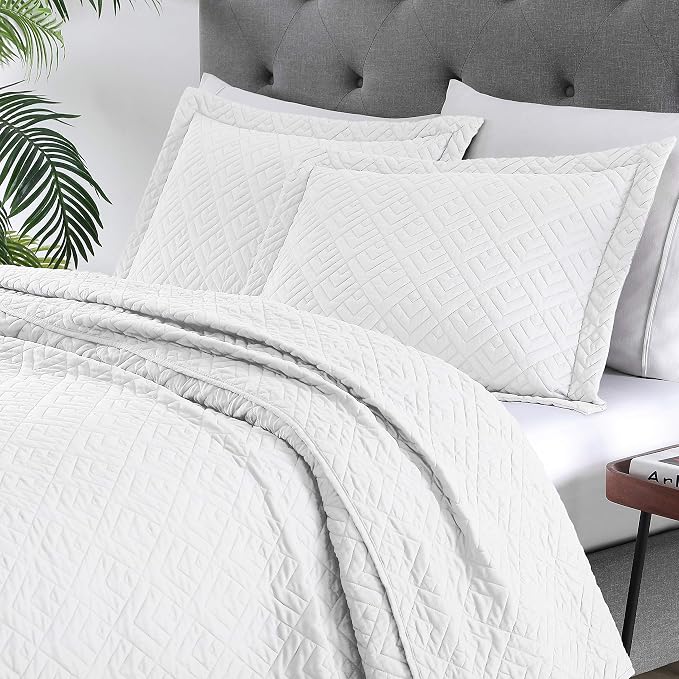 EXQ Home King Size Quilt Set Squares Pattern Bedding Set Lightweight White | - Image 2