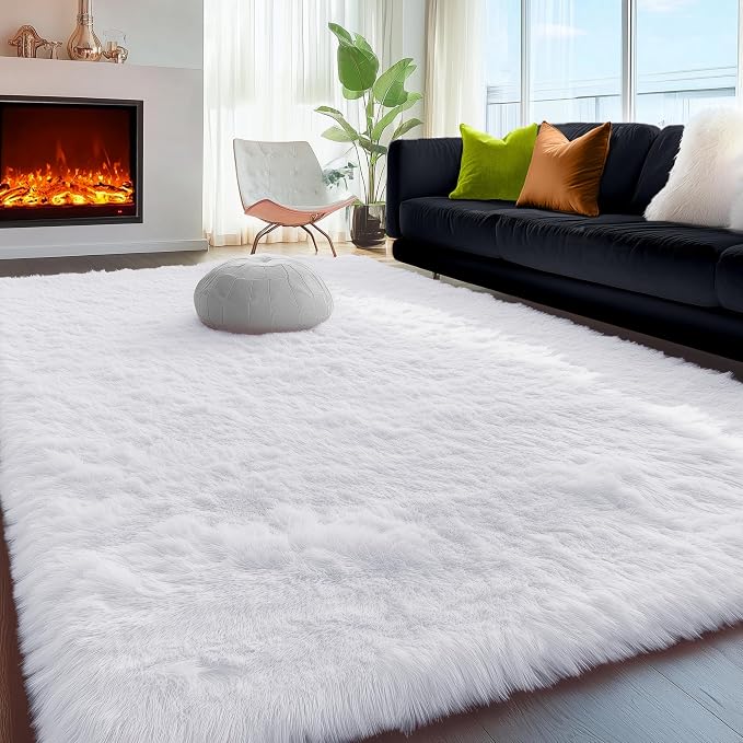White Fluffy Shag Area Rugs for Living Room 5x7, Soft Fuzzy Shaggy Rug for by PAGISOFE