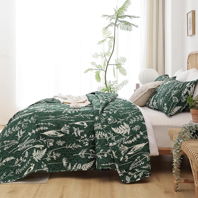 JANZAA Quilts Queen Size, Emerald Green Bedspread Floral Bedding Set 3 Pcs | - Image 6