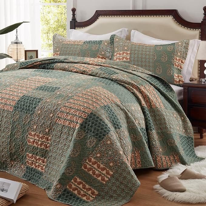 3 Pieces California King Size Quilt Set Olive Green Oversized 120x120 Inch by LEAONME