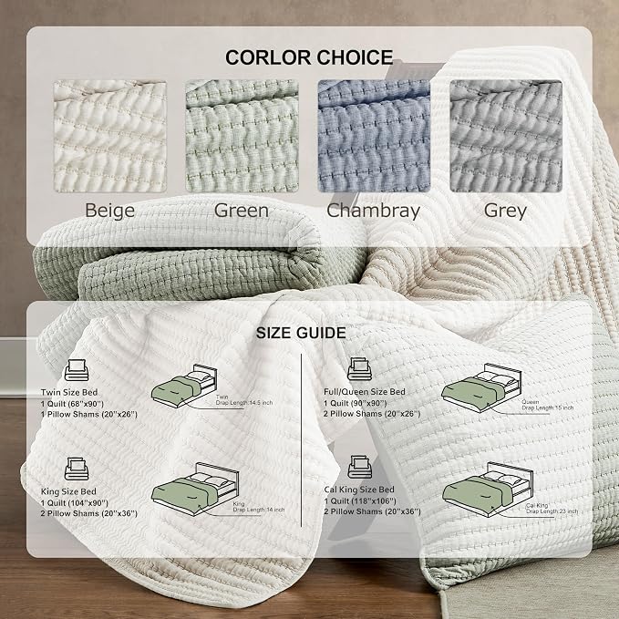WDCOZY Sage Green Pick Stitch Queen Size Quilt Set, Striped Lightweight Soft - Image 9