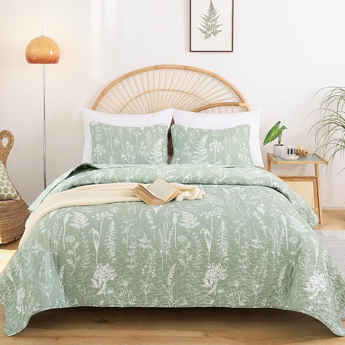 JANZAA Quilt King Size, Sage Green Quilt Floral Bedspread 3 Pcs Bedding Set | - Image 5