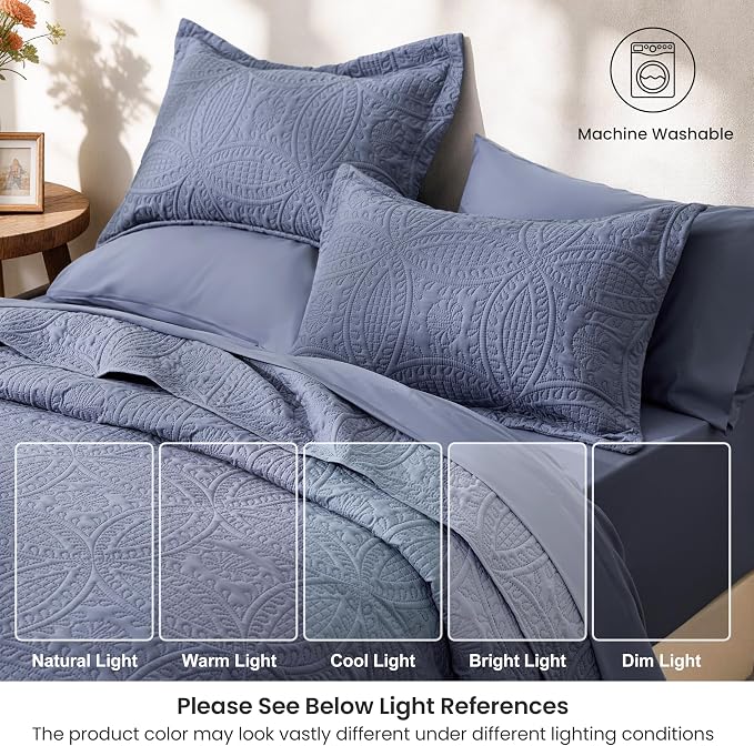 Love's cabin Queen Quilt Set Bluish Grey, Bed in a Bag Queen Bedding 7 Pcs - Image 7