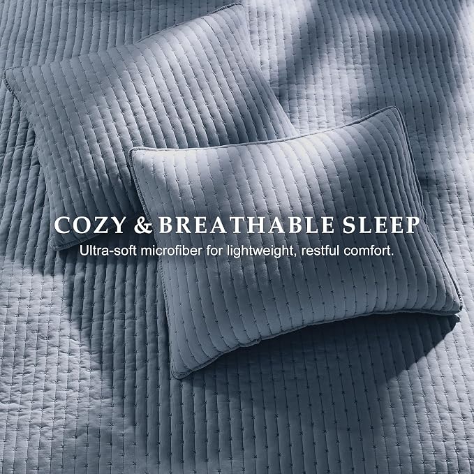 WDCOZY Blue Cross Stitch Queen Size Quilt Set, Striped Lightweight Soft - Image 7