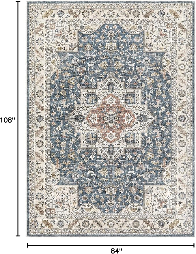 cotiled 7x9 Area Rug for Living Room, Traditional, Vintage Blue | Soft - Image 2