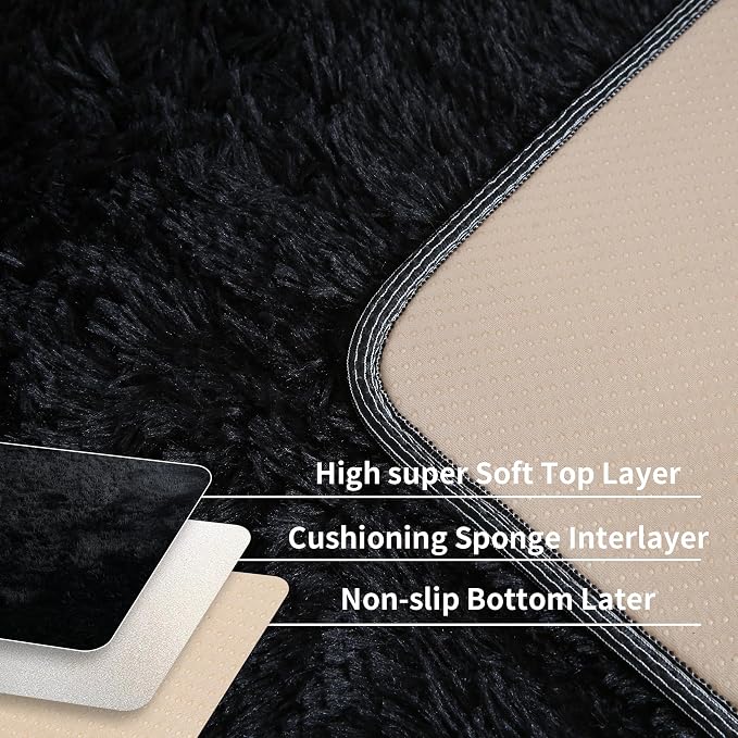 6x9 Black Shag Rug for Bedroom, Soft Plush Fluffy Washable Carpet | Black Area - Image 4