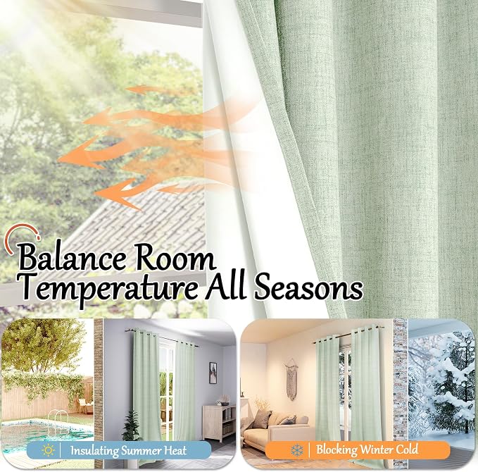 Linen Blackout Curtains 54 Inches Long 2 Panels Each 52 Wide Sage | Thermal - Image 6