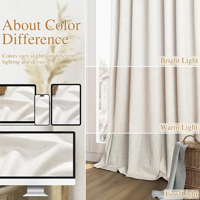 Beige White 100% Blackout Linen Curtains 96 Inch Length 2 Panels Set - Image 7