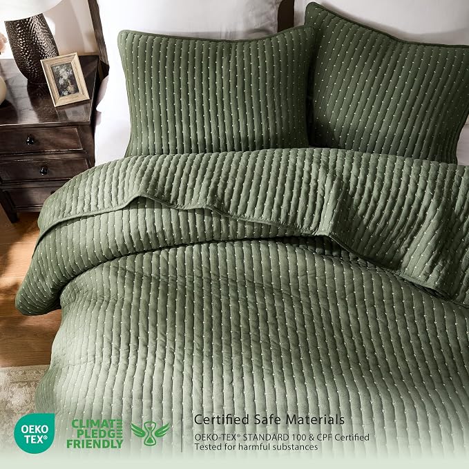 WDCOZY Olive Green Cross Stitch King Size Quilt Set, Striped Lightweight Soft - Image 2