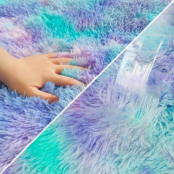 Tie-Dye Purple Rainbow Rug for Living Room 5x8ft Fluffy Modern Shag Area Rug - Image 6