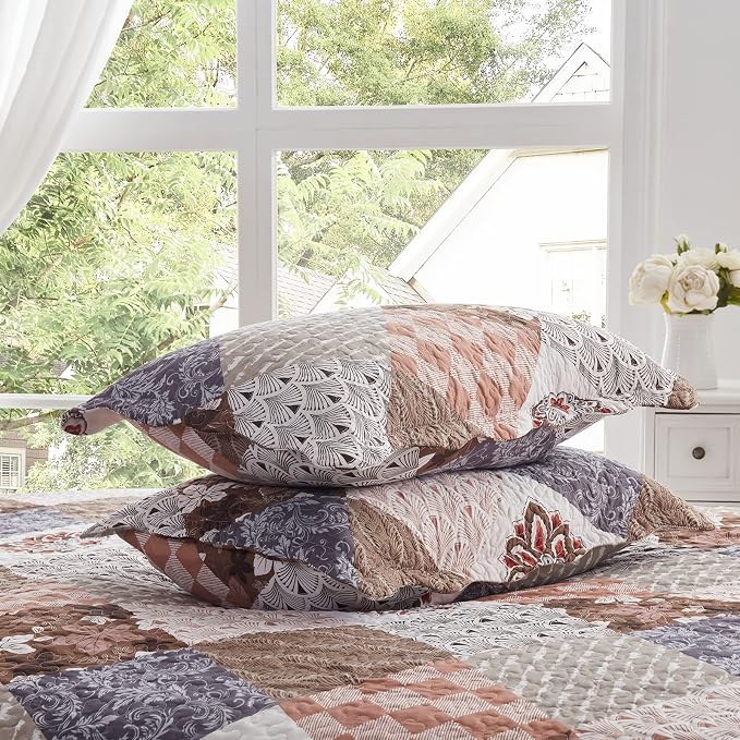 2 Pieces Twin Size Quilt Set Lightweight Brown Floral Bedspread 68x86 Inch Soft - Image 7