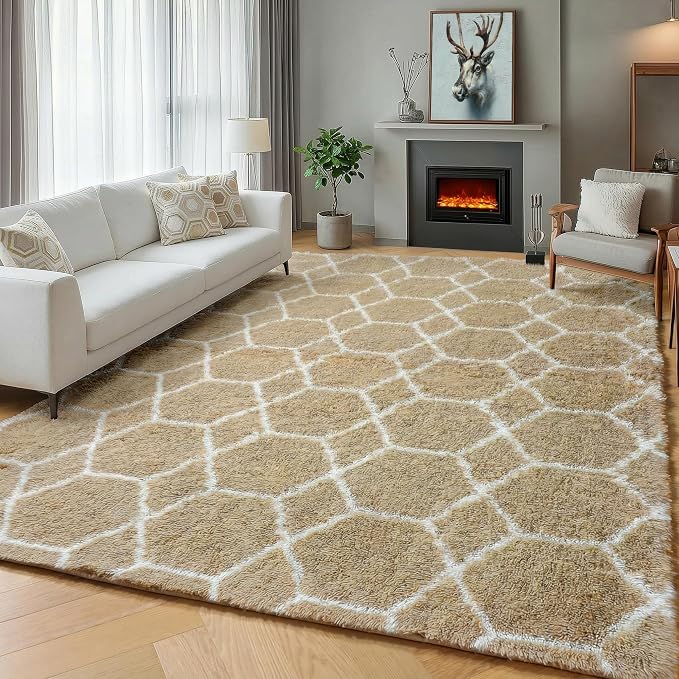 Large Area Rugs for Living Room, Fluffy 7x10 Beige and White Thick Floor Rug - Image 7
