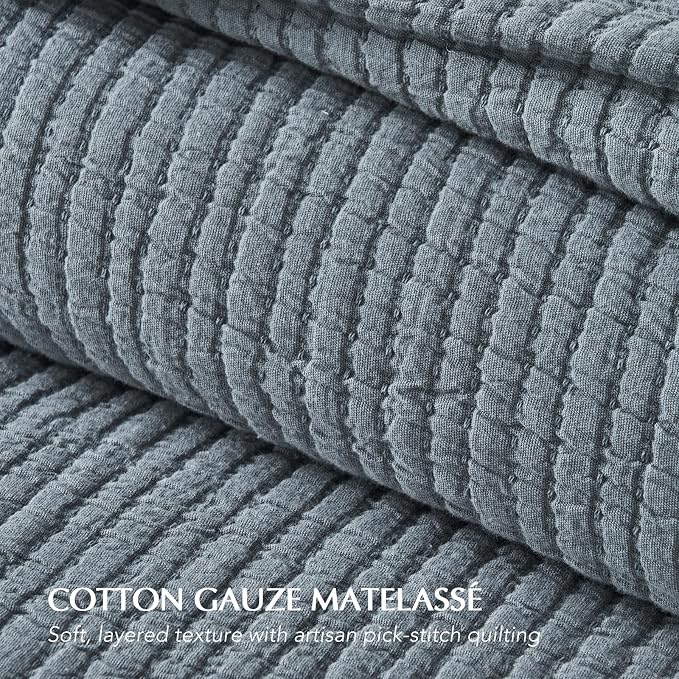 EVERGRACEHOME Cotton Gauze Matelassé Coverlet, Queen Size, Dusty Blue | Ultra - Image 4