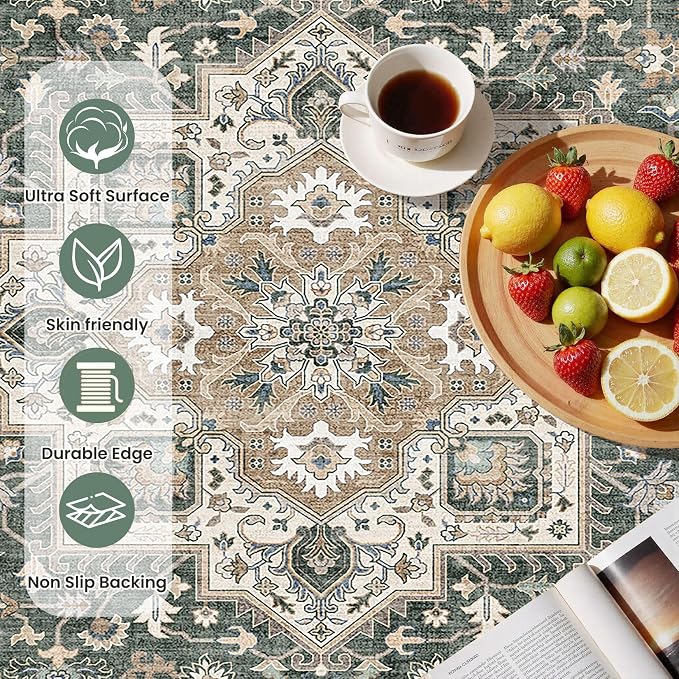 cotiled 3x5 Area Rug for Living Room, Traditional, Vintage Green | Washable - Image 6