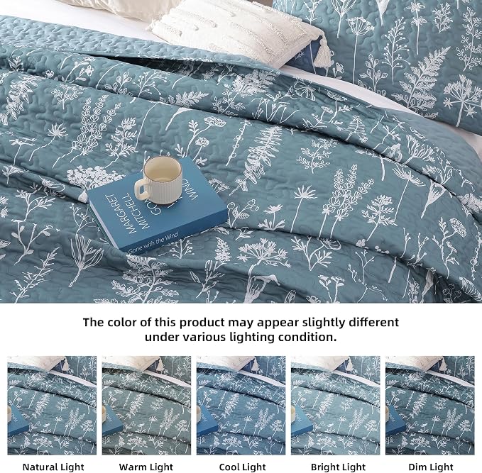 JANZAA Quilt King Size, Mineral Blue Bedspread Floral Bedding Set 3 Pieces | - Image 3