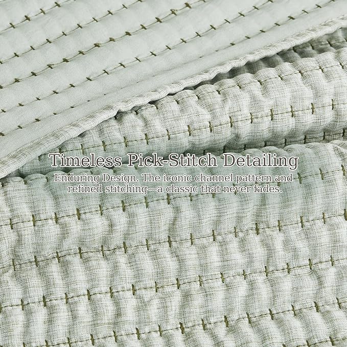 WDCOZY Sage Green Pick Stitch Queen Size Quilt Set, Striped Lightweight Soft - Image 7