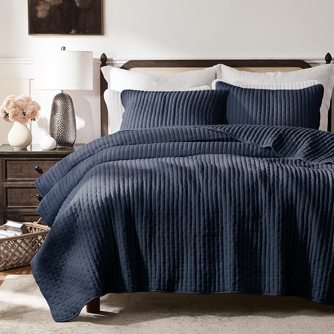 WDCOZY Navy Blue Cross Stitch King Size Quilt Set, Striped Lightweight Soft by WDCOZY