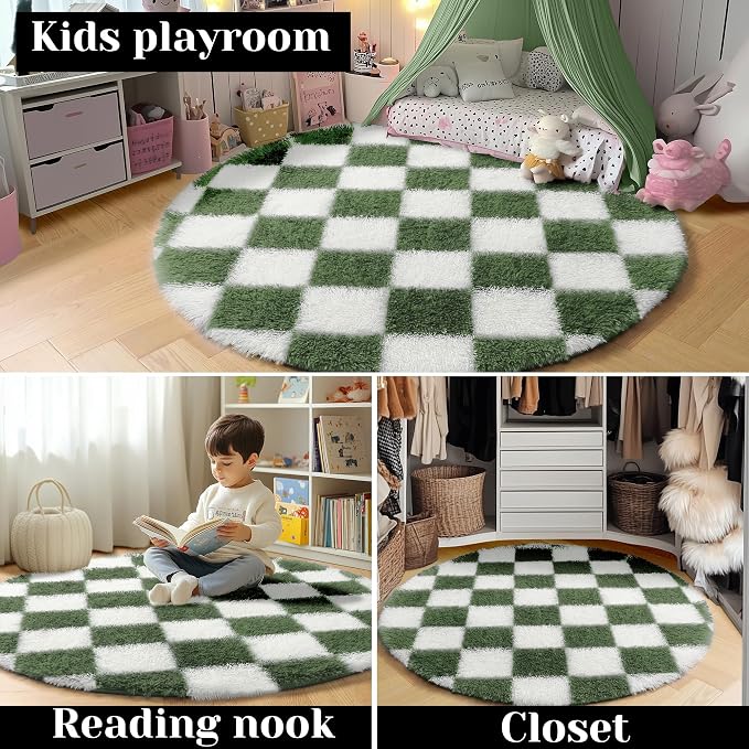 KICMOR Round Rugs 5ft Olive Green and White Circle Area Rug, Fluffy Soft Fuzzy - Image 7