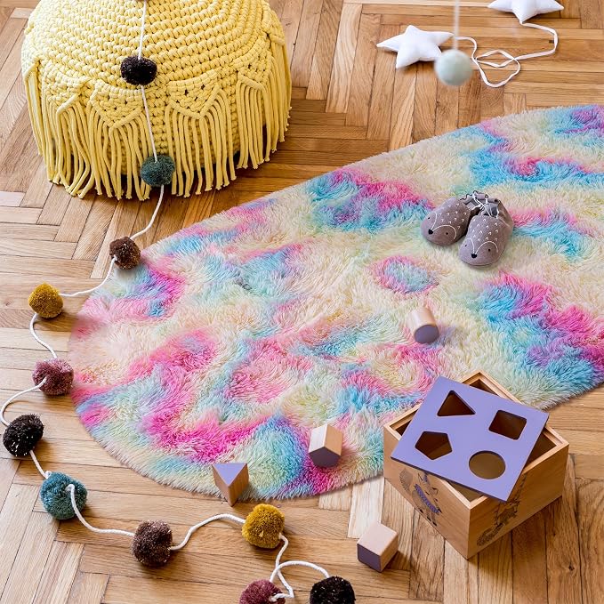 Goideal Fluffy Bedroom Rug, Small Oval Area Rugs, Rainbow Shag Bedside Carpet - Image 5