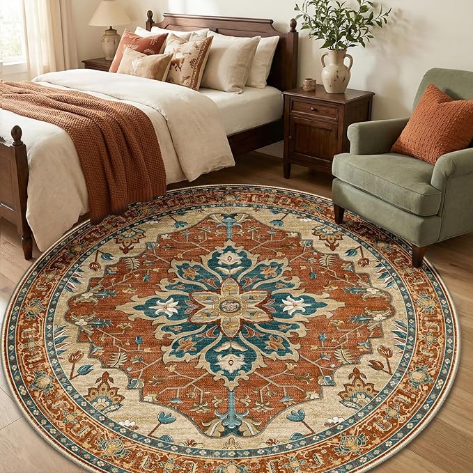 RELEANY Washable Area Rug, Round 6ft, Water Repellent, Pet Friendly, Vintage by RELEANY